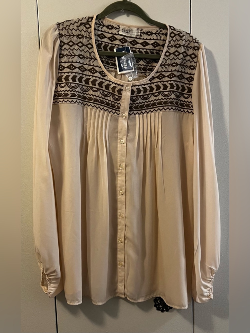 Perch by Blu Pepper Cream Blouse with Dark Brown Embroidered Yoke (Size 2X)